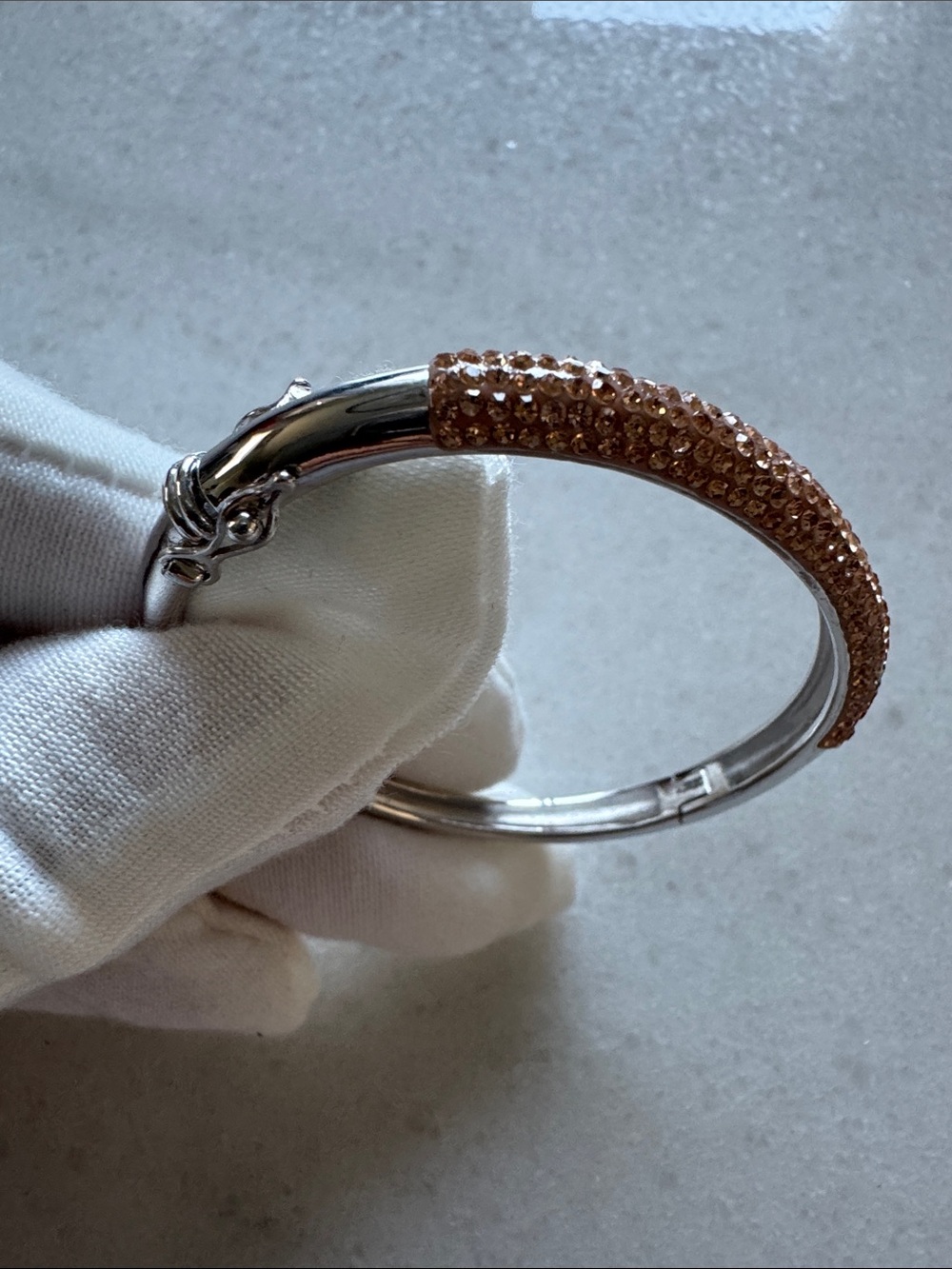 New 925 silver kids Sparkling beige Crystal Pavé Silver-Tone Hinged Bracelet